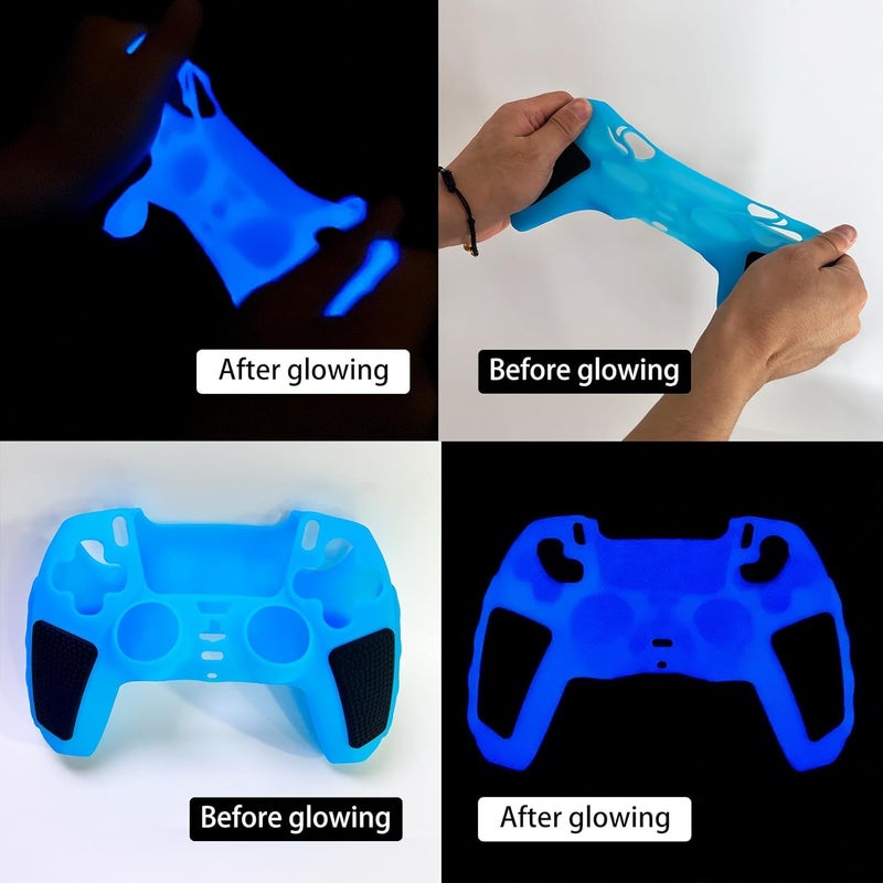 HLRAO Glow in The Dark PS5 Controller Skin,Blue Anti Slip Soft Thicked Studded Silicone Cover Skins Compatible with PS5 Controller,Include 8 PCS Blue Thumb Grips Glow and 2 Cat Paw Grips Accessories. - Image 3